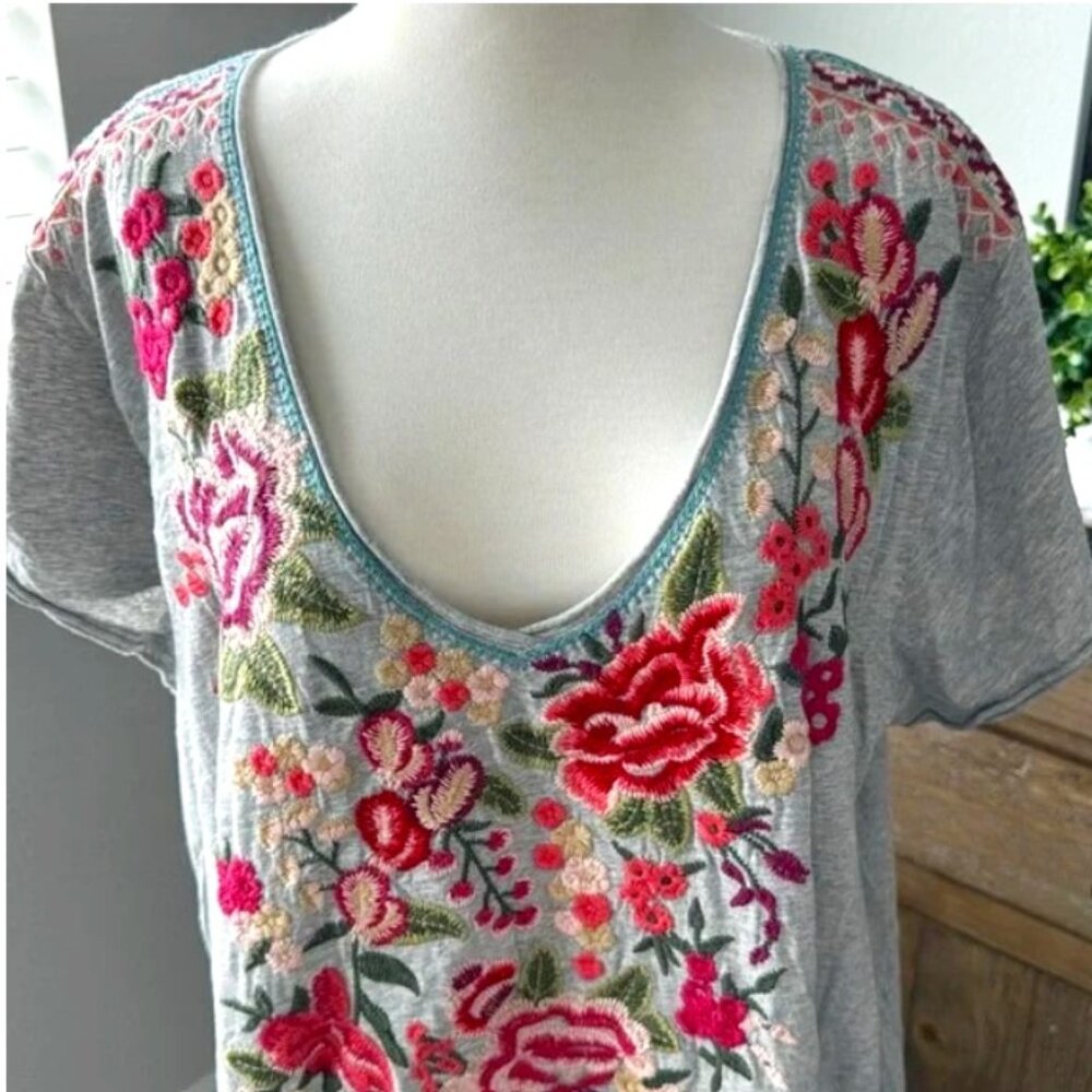 RESERVED Short Sleeve Floral Embroidered Gray Cotton Tunic Dress size XL